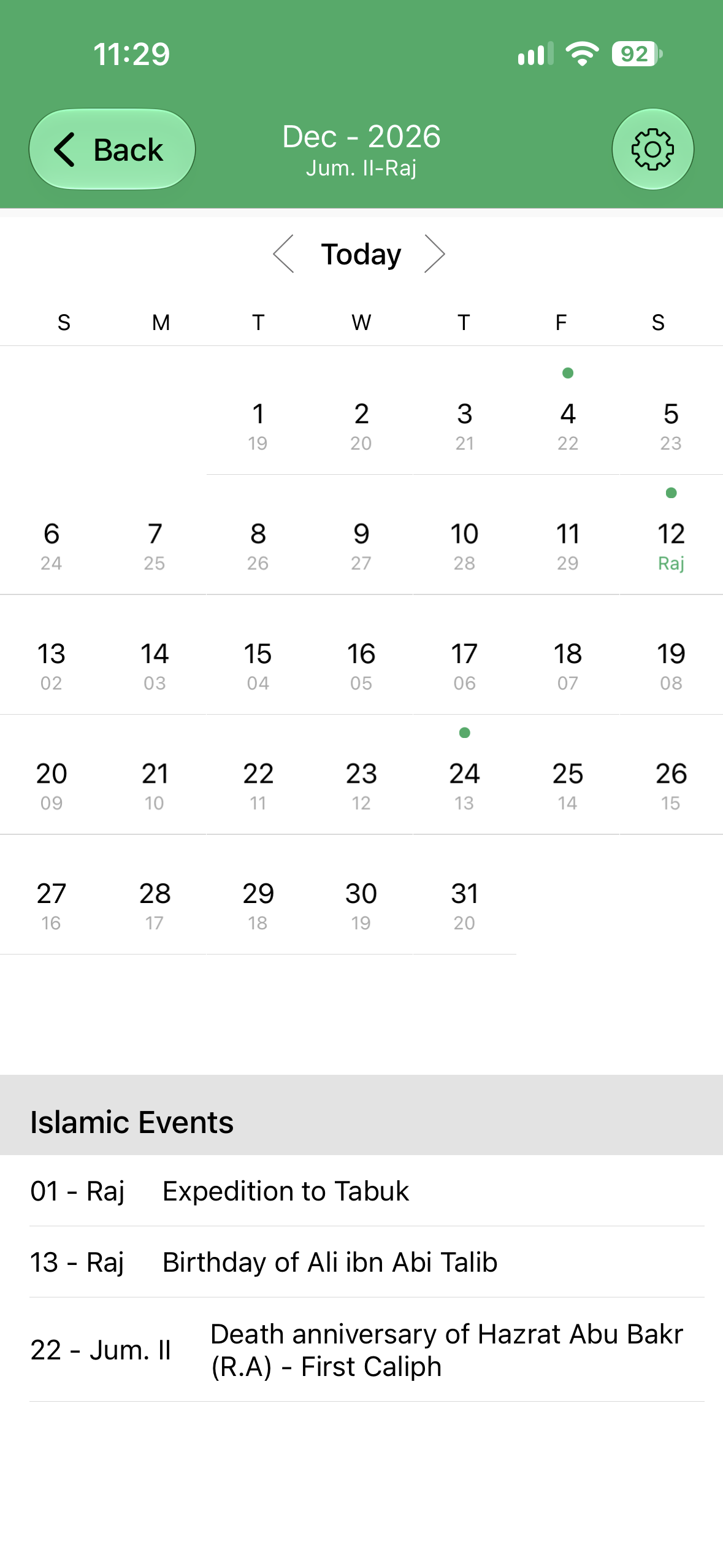 Prayer Times Hijri calendar screen