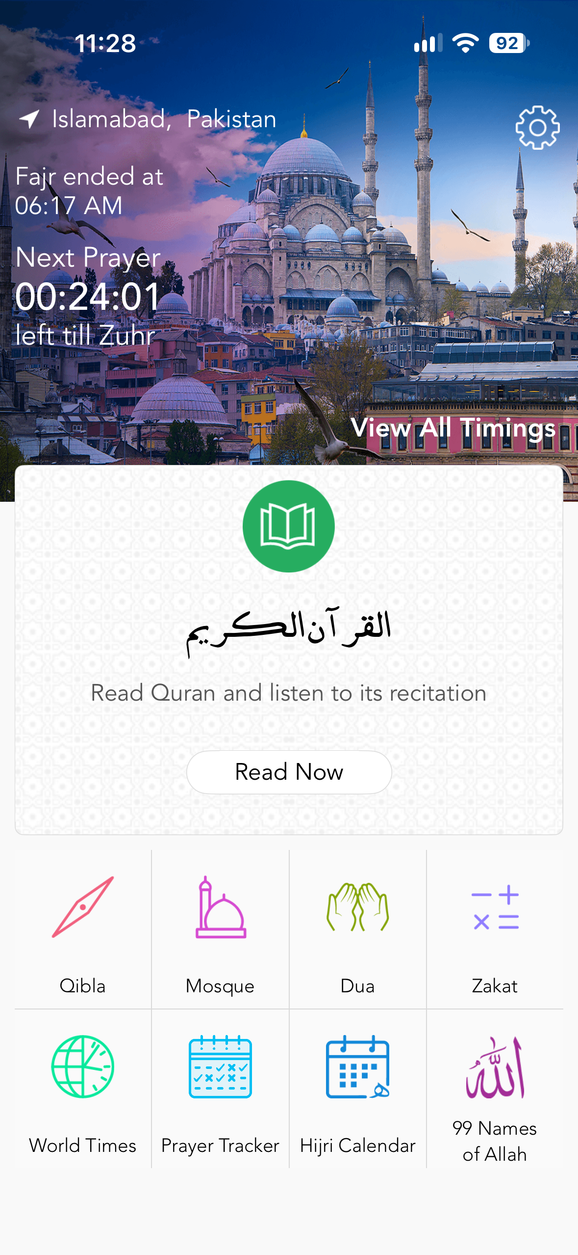 Prayer Times Daily dashboard screen