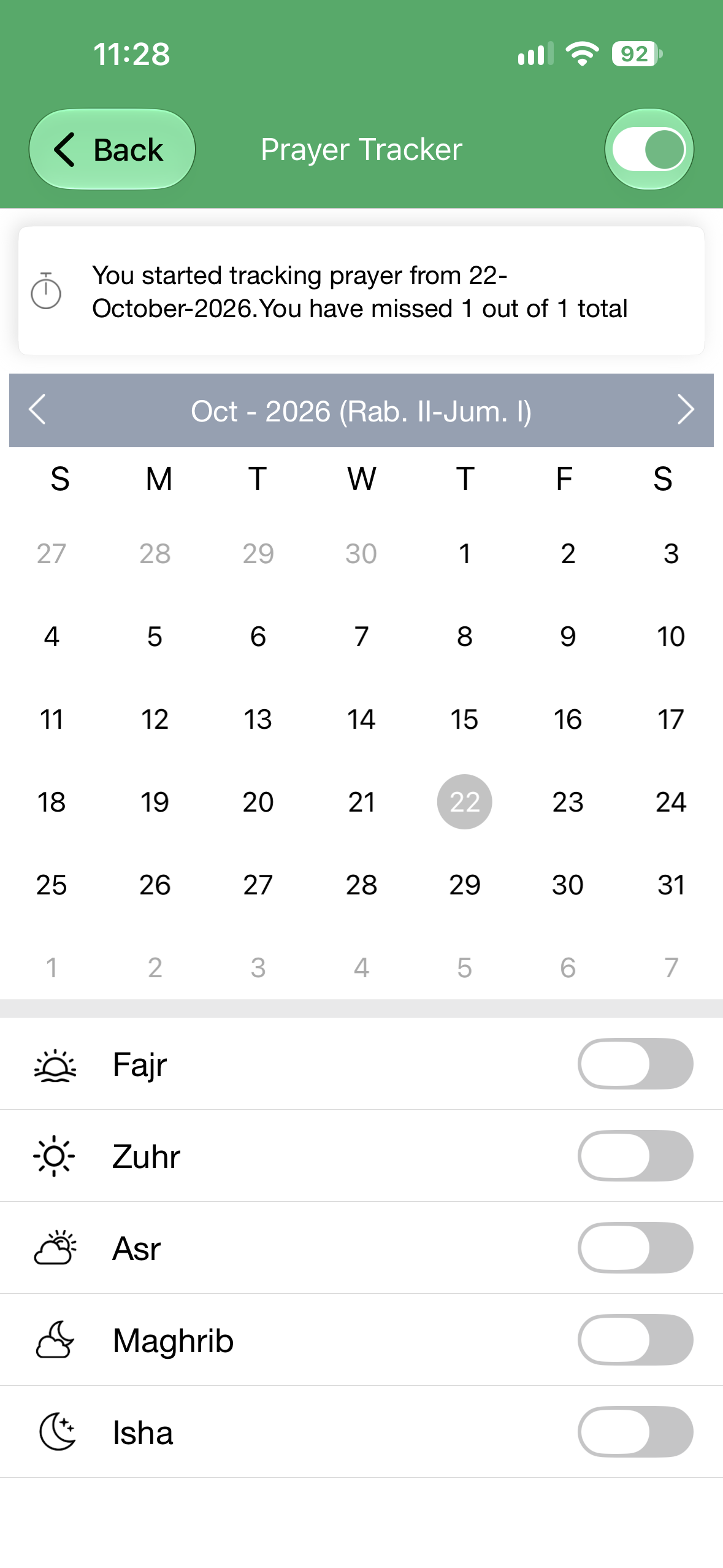 Prayer Times Prayer tracker screen