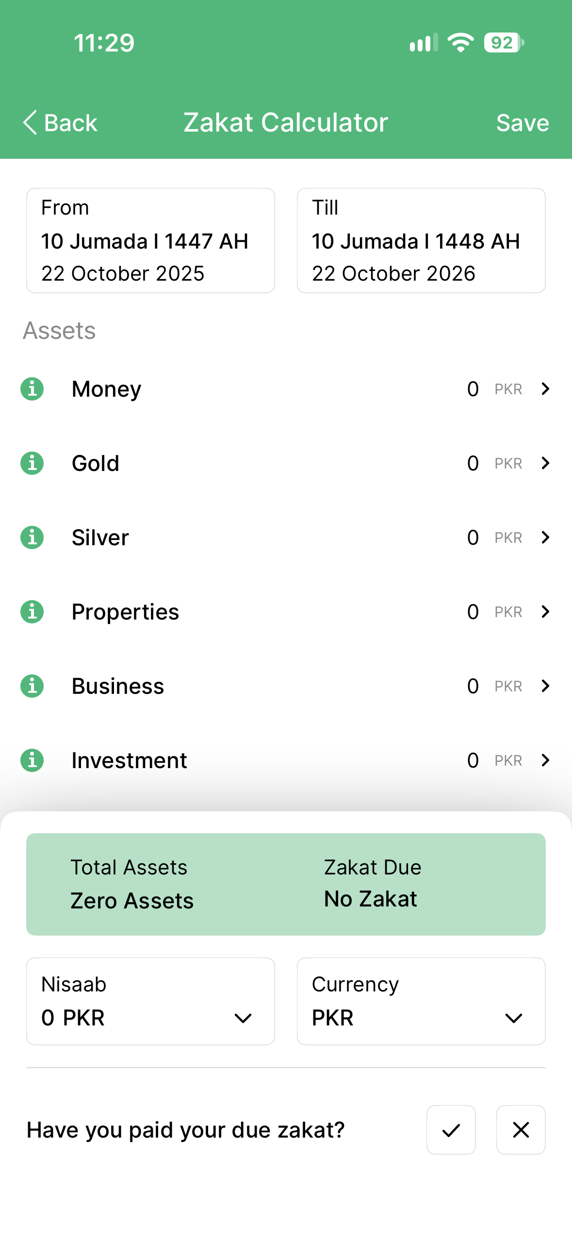 Prayer Times Zakat calculator screen